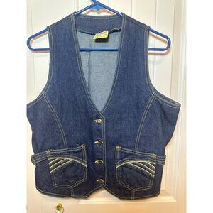 Vintage Pentimento Denim Vest With Snap Buttons & Yellow Stitch Dual Pockets, L